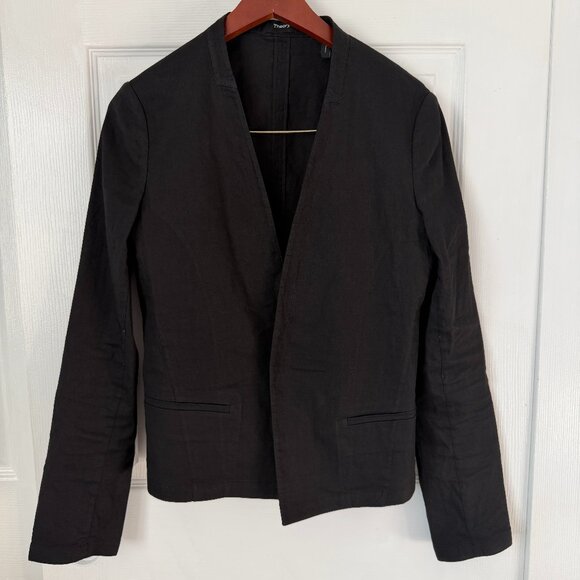 Theory Black Linen Blend Open Blazer Size 6 can fit an 8 Business Casual - Picture 2 of 6